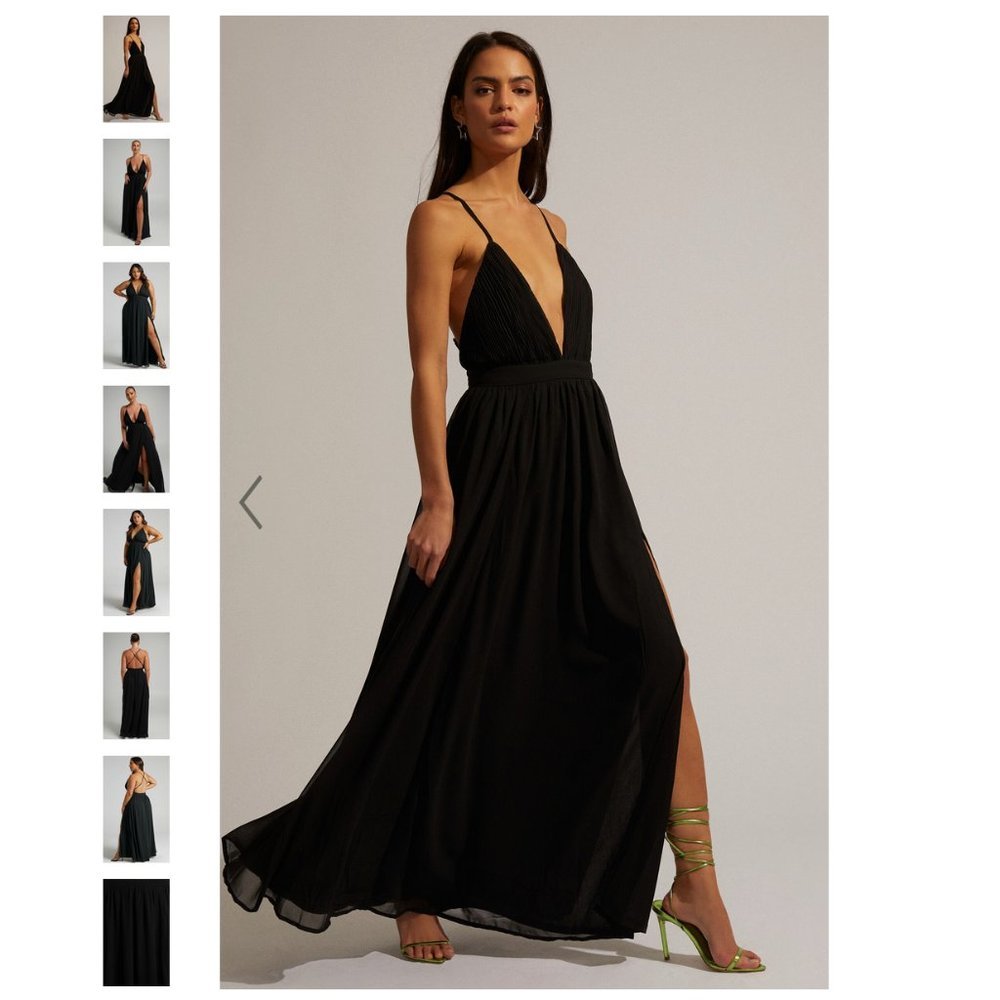 Black plunge open back black maxi dress with thigh slit size 2